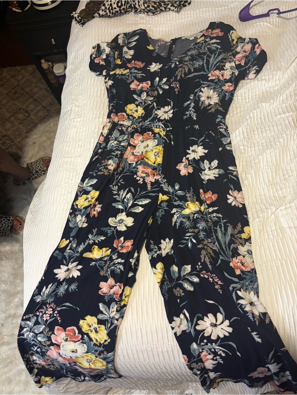 LOFT Navy Floral Short-Sleeve Wide-Leg Jumpsuit